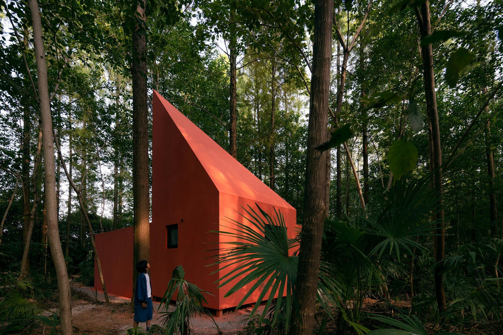 Wiki world plants red timber cabin standing on stilts within chinese woodland