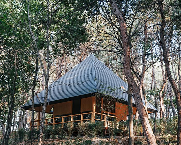 Pyramid hipped roof tops wooden cabin in chinese woodland